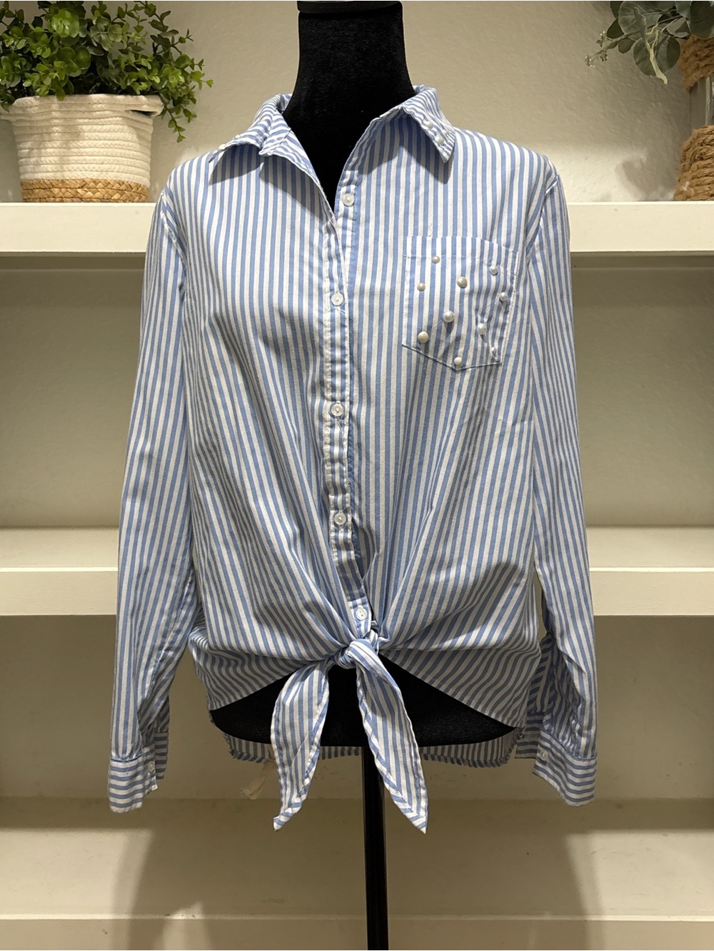 Signature Studio Light Blue & White Striped Tie-Front Button-Down Shirt